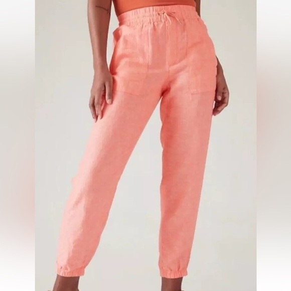 Athleta Pants Womens 10 Orange Persimmon Linen Retreat Joggers Zip Pockets - Picture 1 of 14